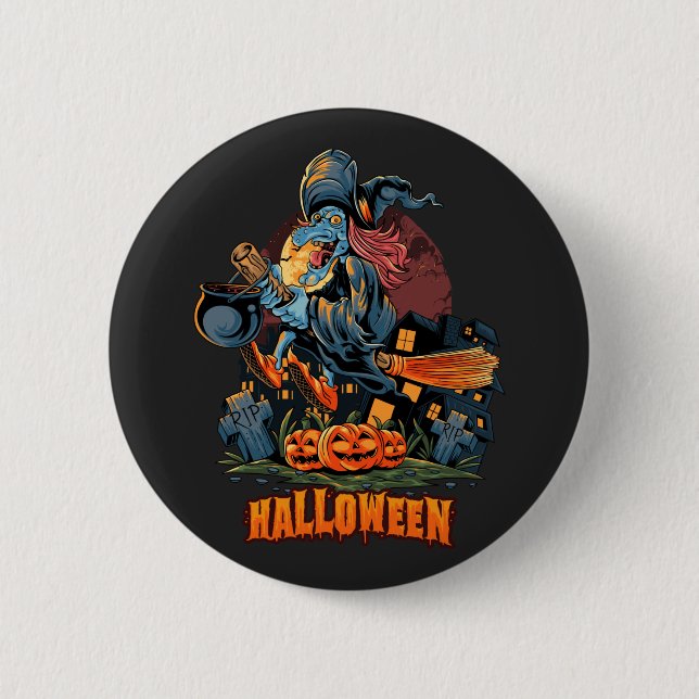 Scary Witch On a Broom  6 Cm Round Badge (Front)