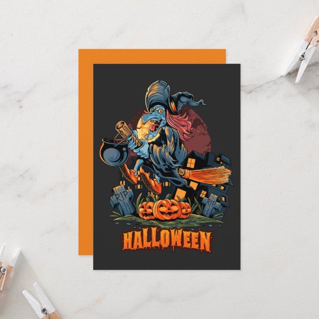 Scary Witch On a Broom   Invitation (Front/Back In Situ)