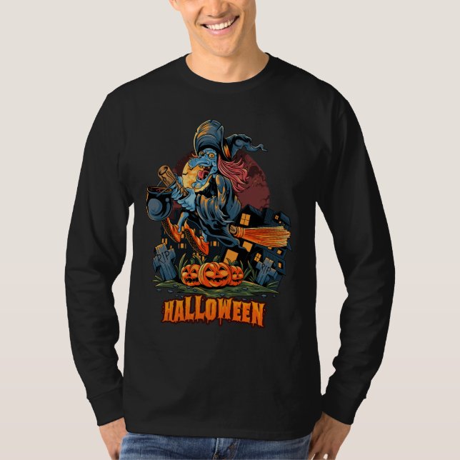 Scary Witch On a Broom Long Sleeve  T-Shirt (Front)