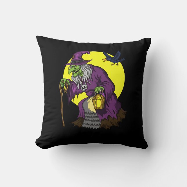 Scary Witch Spooky Raven Halloween Cushion (Front)