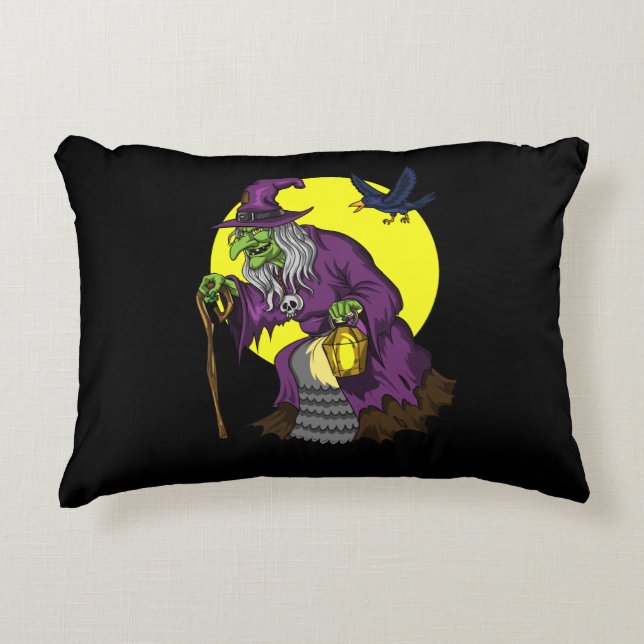 Scary Witch Spooky Raven Halloween Decorative Cushion (Front)