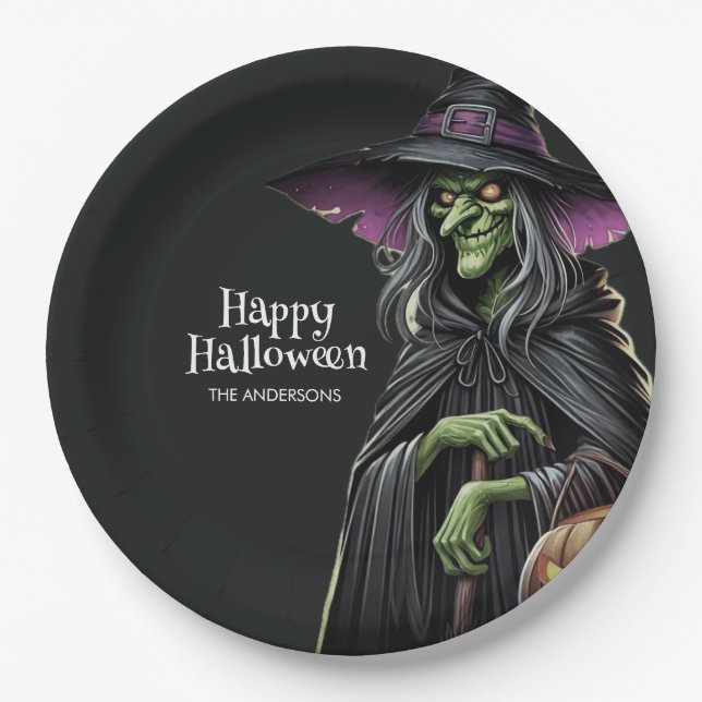 Scary Witch Themed Halloween  Paper Plate (Front)