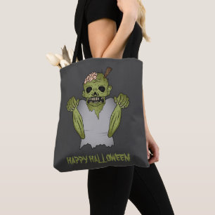 Scary Zombie Cartoon & Happy Halloween Text Tote Bag