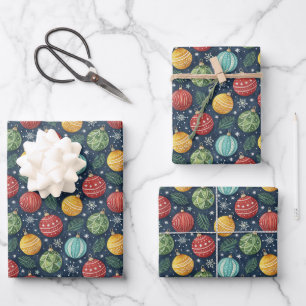 Scattered Christmas Tree Ornaments on Dark Blue Wrapping Paper Sheet