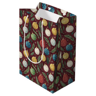 Scattered Christmas Tree Ornaments on Dark Red Medium Gift Bag