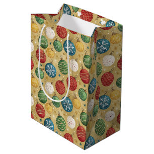 Scattered Christmas Tree Ornaments on Faux Gold Medium Gift Bag