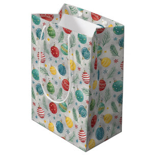 Scattered Christmas Tree Ornaments on Silvery Grey Medium Gift Bag
