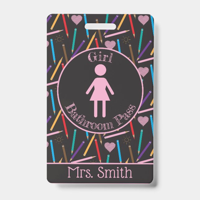 Scattered Colour Pencils Girl Bathroom Pass Badge ID Badge (Front)