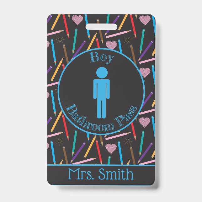 Scattered Coloured Pencils Boy Bathroom Pass Badge ID Badge (Front)