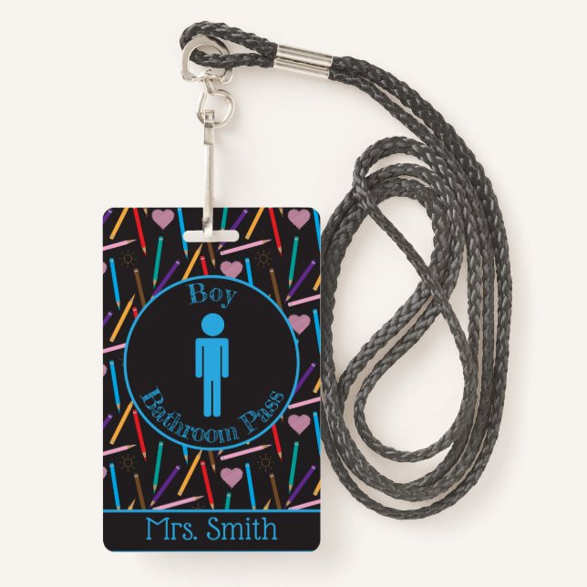 Scattered Coloured Pencils Boy Bathroom Pass Badge ID Badge (Front with Lanyard)