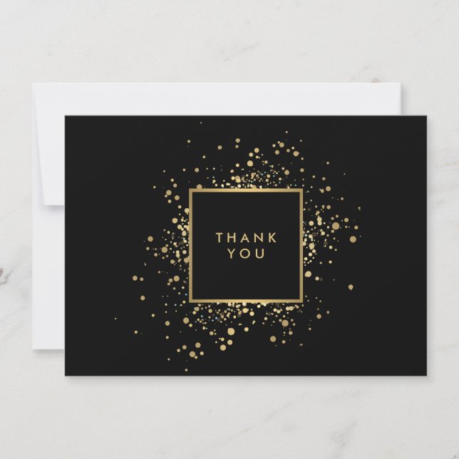 Scattered Faux Gold Confetti Black Thank You Card (Front)