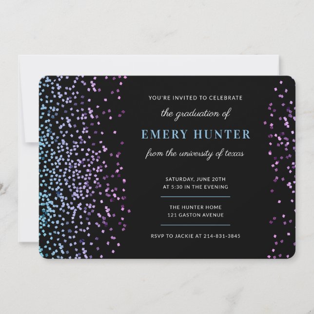 Scattered Glitter Blue and Purple Graduation Invitation (Front)