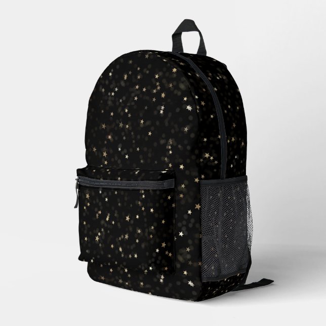 Scattered Gold Stars On Black Printed Backpack (Back Corner Right)