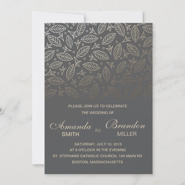 Scattered Leaves Faux Foil Wedding Invitation-Coal Invitation (Front)