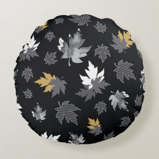 Scattered Leaves on Black Round Cushion