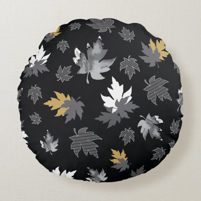 Scattered Leaves on Black Round Cushion (Front)