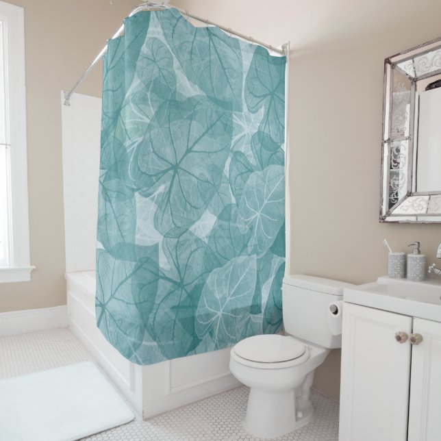 Scattered Leaves Pattern on Green Background Shower Curtain (In Situ)