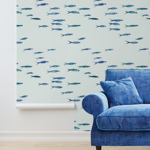 Scattered Little Blue Fish Nautical Wallpaper