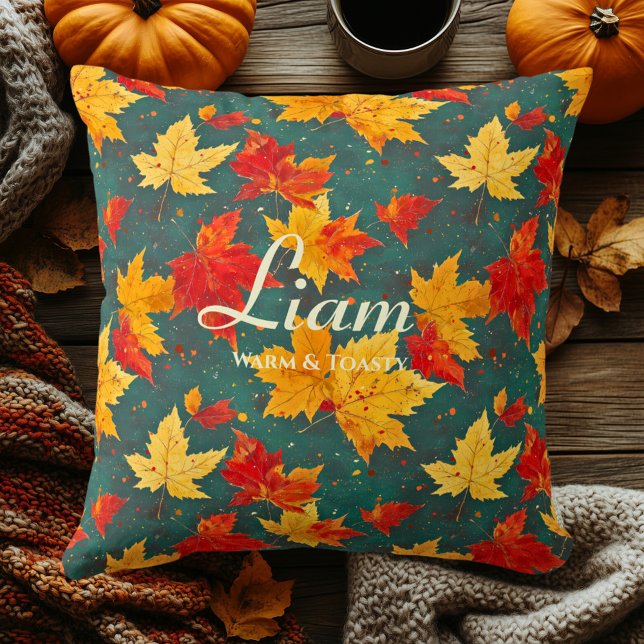 Scattered Maple Autumn Leaves Pattern in Green Cushion (Creator Uploaded)