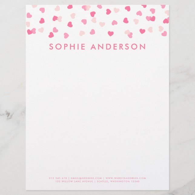 Scattered Pink Hearts Confetti Custom Letterhead (Front)