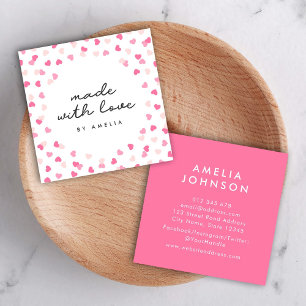 Scattered Pink Hearts Confetti Made With Love Square Business Card