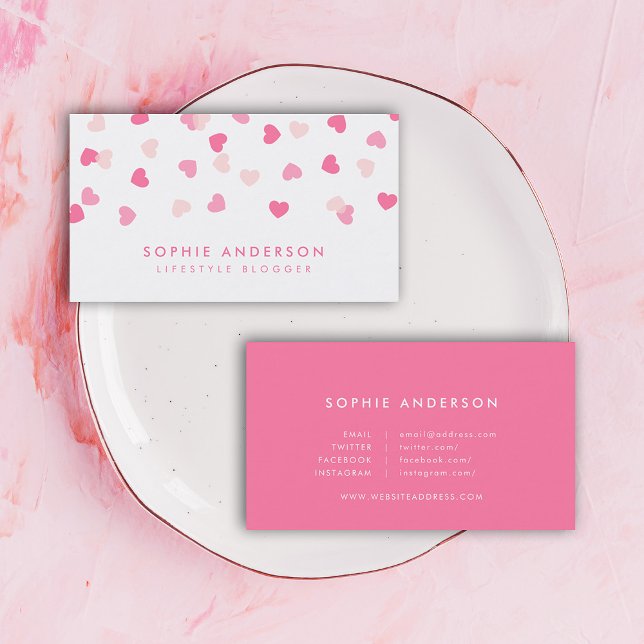 Scattered Pink Hearts Confetti Social Media Business Card (Creator Uploaded)