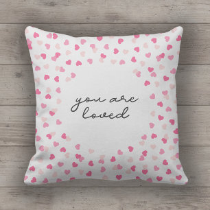Scattered Pink Hearts Confetti You are Loved Cushion