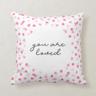 Scattered Pink Hearts Confetti You are Loved Cushion