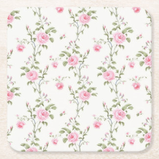 Scattered Pink Rose Vine Garden Party Square Paper Coaster