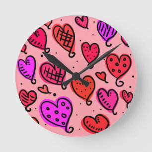 Scattered Red and Pink Hearts Scribble Pattern Round Clock