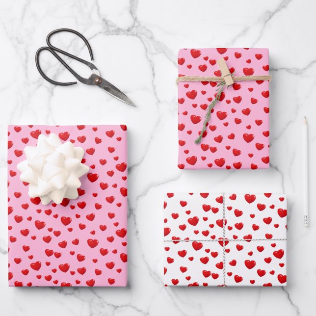 Scattered Red Hearts On Pink Wrapping Paper Sheet (Front)