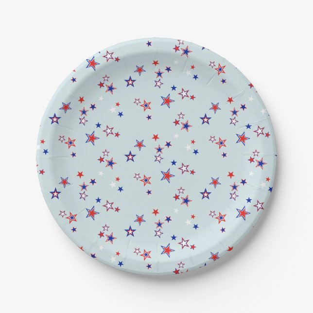 Scattered Red, White, and Blue Stars Patriotic Paper Plate (Front)