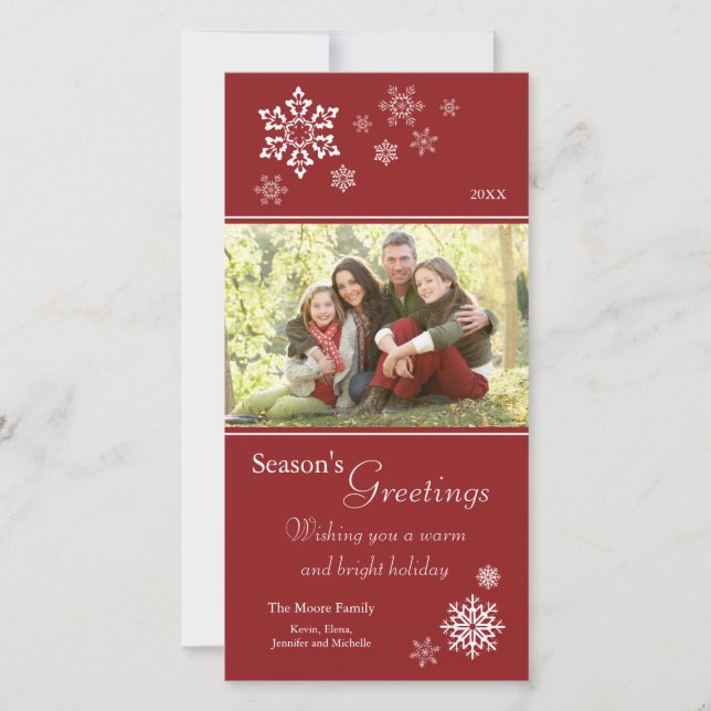 Scattered Snowflakes Holiday Photocard (red) (Front)