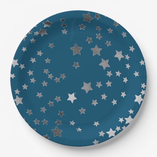 Scattered Stars on Blue Paper Plate (Front)