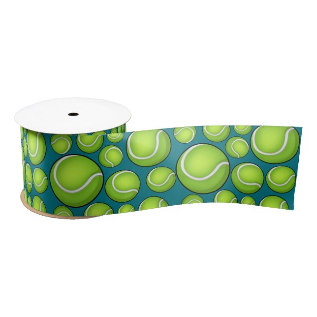 Scattered Tennis Balls Blue Green Satin Ribbon (Spool)