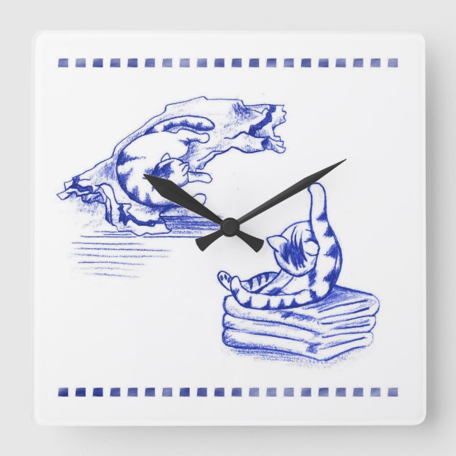 Scattered Towels Kitty Cat Bathroom Toile Look Square Wall Clock (Front)