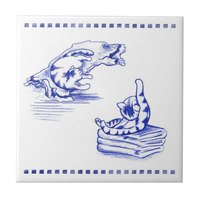 Scattered Towels Kitty Cat Bathroom Toile Look Tile (Front)