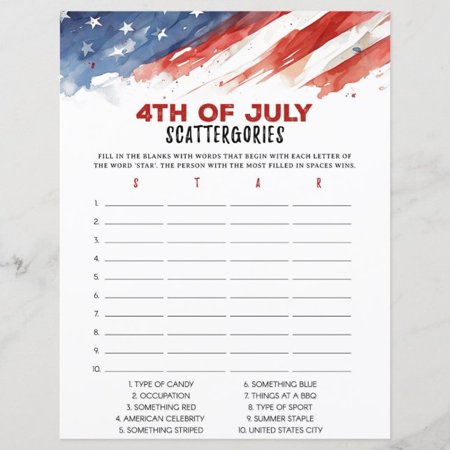 Scattergories 4th of July Party Game (Front)