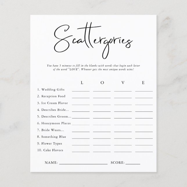 Scattergories | Bridal Shower Game (Front)