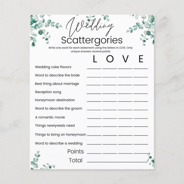 Scattergories Bridal Shower Game Card (Front)