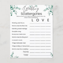 Scattergories Bridal Shower Game Card