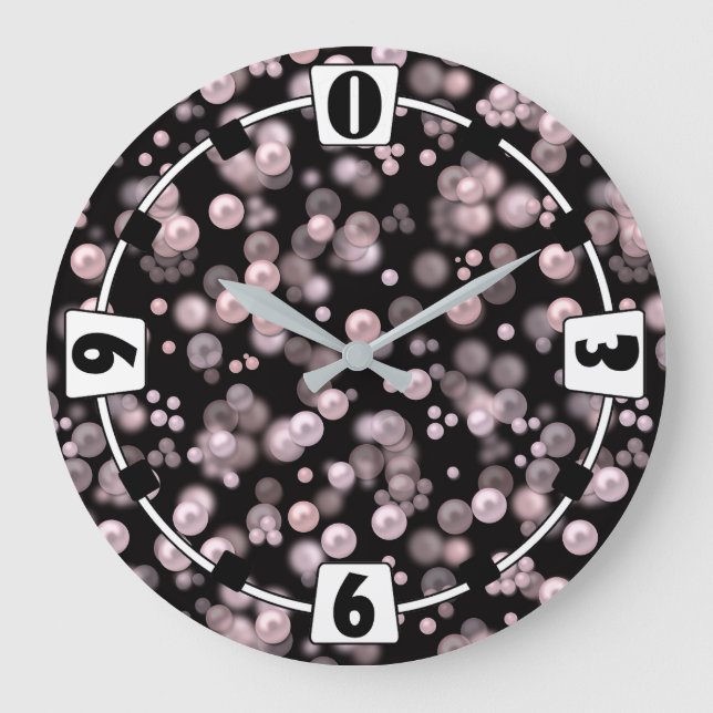 Scatterings of pink and white pearls on black velv large clock (Front)