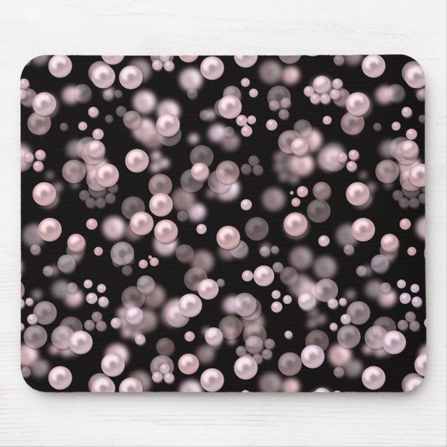 Scatterings of pink and white pearls on black velv mouse mat (Front)