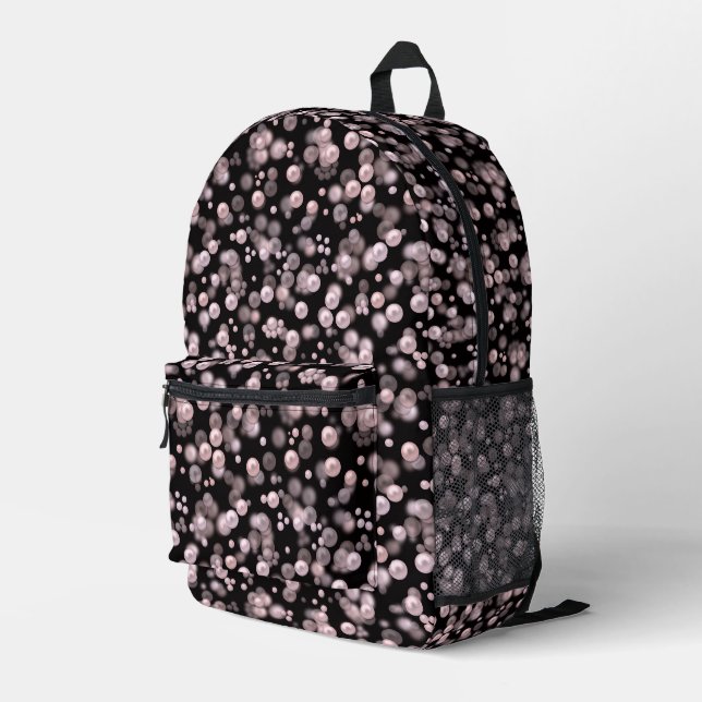 Scatterings of pink and white pearls on black velv printed backpack (Back Corner Right)