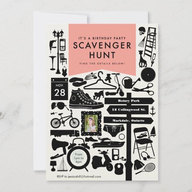 Scavenger Hunt Birthday Party Invitation // Pink (Front)