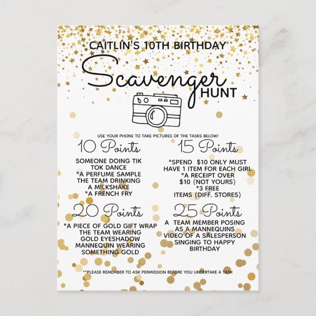 Scavenger Hunt Game for Mall Party Teenagers gold Announcement Postcard (Front)