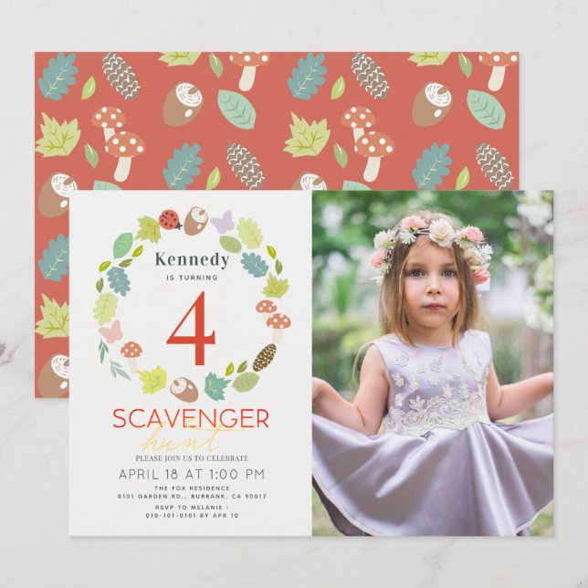 Scavenger Hunt Nature Trail Red Photo Birthday Invitation (Front/Back)