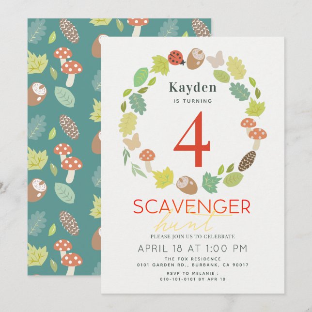 Scavenger Hunt Nature Trail Teal Birthday Invitation (Front/Back)