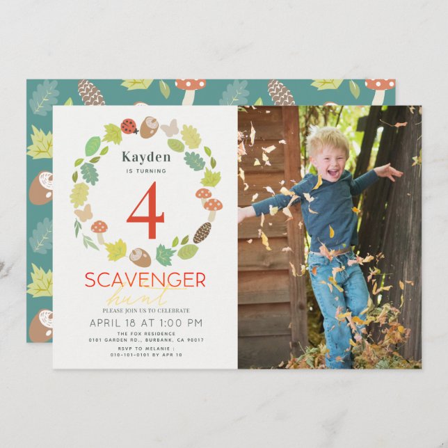 Scavenger Hunt Nature Trail Teal Photo Birthday Invitation (Front/Back)