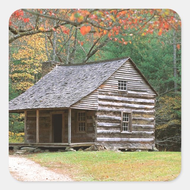 Scene Historic Log Cabin In Smoky Square Sticker (Front)